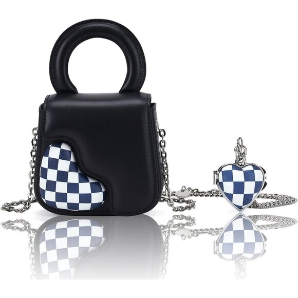 Women Leather Heart-Shape Top-Handle Handbag with Mirror & Chain Strap - Picture 1 of 6